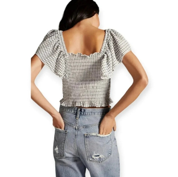 Anthropologie Maeve Gingham Plaid Smocked Ruffle Crop Blouse Flutter Sleeve XS - Picture 2 of 15